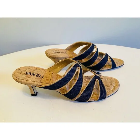 New Vaneli Matilda Blue Jean Sandal Side Women’s Size 7 1/2 N Low Heel Cork - Picture 4 of 14